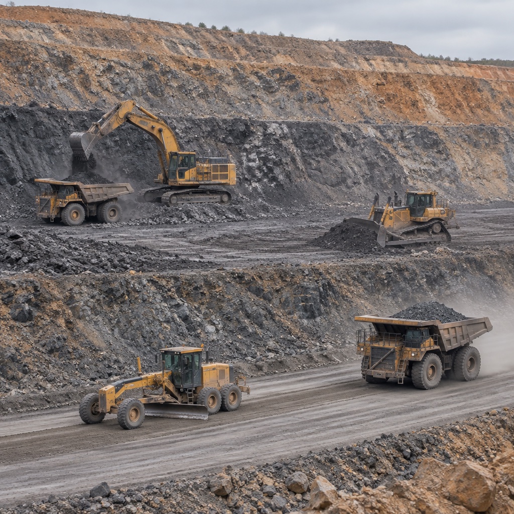 Illustration: an open-cut mine bench worked by four machine types at once, an excavator at the face, a dozer on the bench, a grader on the haul road and a haul truck carting