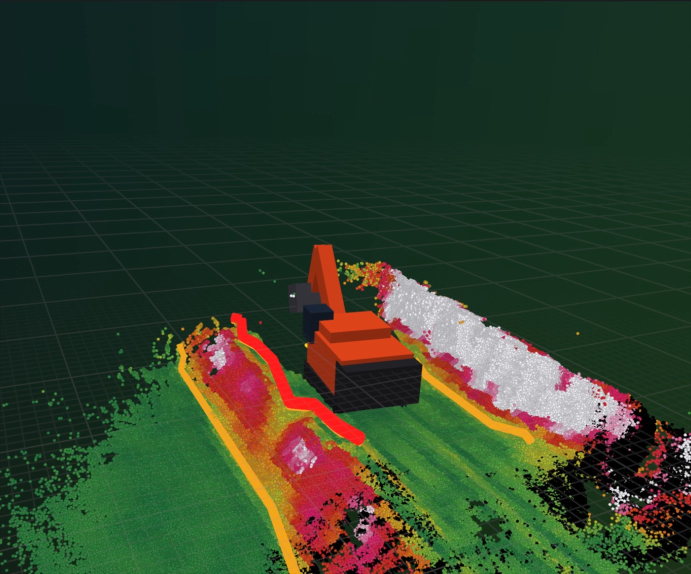EVAS point cloud view classifying berm, crest and edge terrain around a working excavator