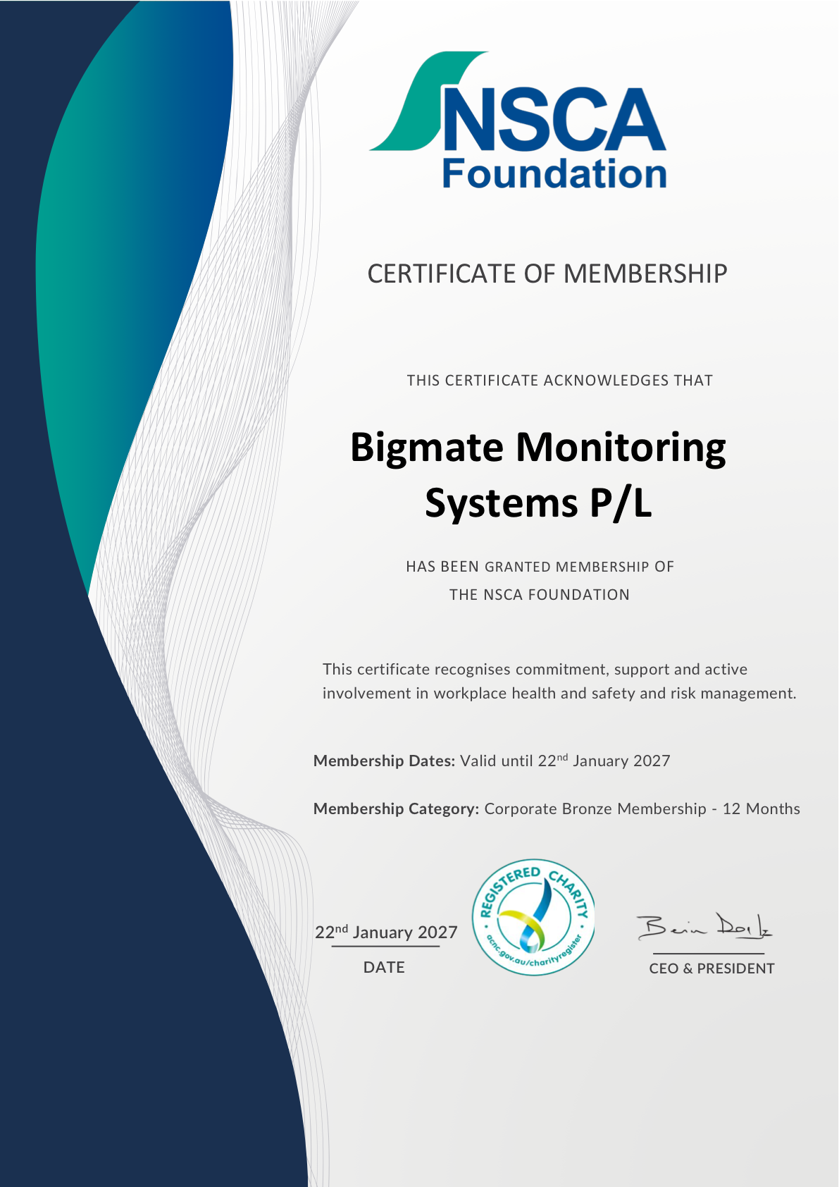 Bigmate's NSCA Foundation membership certificate